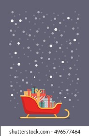 Santa sleigh containing a full of presents with snow background