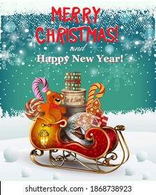 Santa sleigh with cute christmas gifts on Christmas background.Merry Christmas and Happy New Year poster.