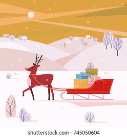 Santa Sleigh and deer. Cheerful Reindeer and Christmas snow sledge, gifts present boxes in snowy mountain valley. Colorful cartoon. Design for winter holiday season new year event. Vector illustration