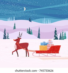 Santa Sleigh and deer poster. Cheerful Reindeer, Christmas snow sledge, gift present boxes. Colorful cartoon. Design for winter holiday season new year event greeting card, banner. Vector illustration