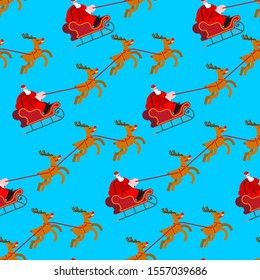 Santa in sleigh with deers pattern seamless. Christmas background. New Year Vector texture