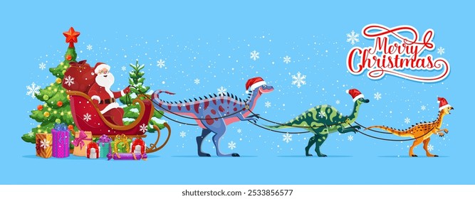 Santa in sleigh with dinosaurs. Cartoon vector Merry Christmas greeting card or banner featuring Santa Claus riding a sled pulled by dino animals in red hats, decorated Xmas tree and wrapped presents