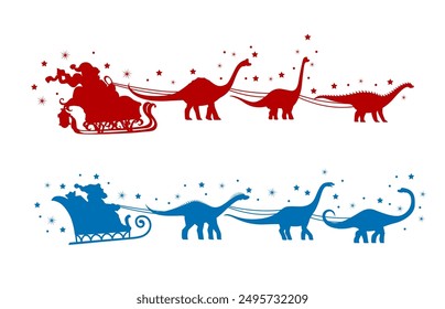 Santa sleigh with dinosaurs vector silhouettes set, Xmas winter holiday characters. Santa Claus delivering Christmas gifts on snow sleigh with jurassic dino animals, Xmas bells, snowflakes and stars