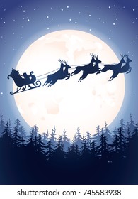 Santa sleigh driving over forest. Vector silhouette against the background of the moon