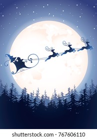 Santa sleigh driving over forest. Vector silhouette against the background of the moon