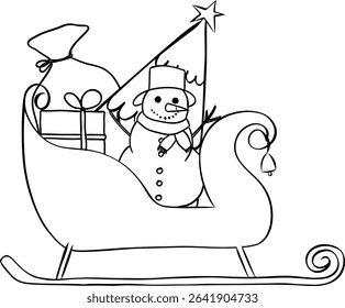 Santa sleigh filled with black and white Christmas gifts, composition isolated. Vector graphic line ink illustration. For poster, invitation, backdrop, ad, sale promotion, print for t-shirt
