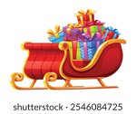 Santa sleigh filled with colorful wrapped Christmas gifts, ready for holiday delivery. Vector cartoon illustration