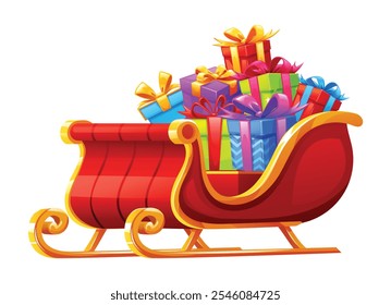 Santa sleigh filled with colorful wrapped Christmas gifts, ready for holiday delivery. Vector cartoon illustration