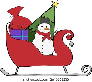 Santa trenó cheio de presentes de Natal embalados coloridos, composição isolada. Ilustração de tinta de linha de gráfico vetorial. Para cartaz, convite, pano de fundo, anúncio, promoção de venda, imprimir para camiseta

