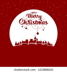 Santa sleigh flying into the winter village christmas night with phase text merry christmas