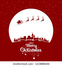 Santa sleigh flying into the winter village christmas night with phase text merry christmas