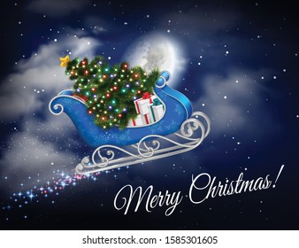 Santa sleigh flying realistic composition with stars on sky ornate text and flying sleigh with gifts vector illustration