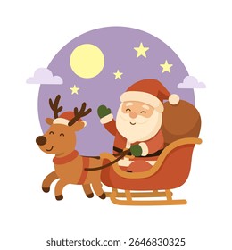 Papai Noel no trenó voando com rena no céu noturno. Esta imagem do Papai Noel no trenó captura a magia da noite de Natal.