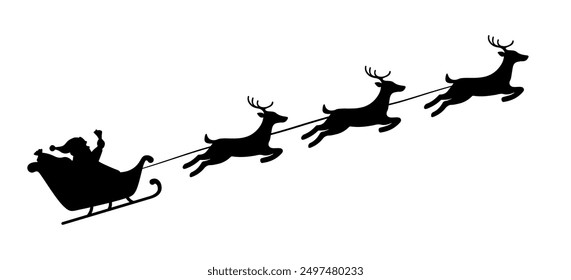 Santa sleigh flying with rendeers silhouette icon. Clipart image isolated on white background