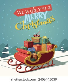 Santa sleigh lleno de regalos en el día de Navidad, ilustración del stock de tarjetas de felicitación