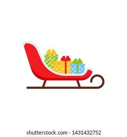 Santa sleigh with gift boxes. Christmas icon. Vector. Red sledge. Holiday symbol isolated on white background in flat design. Cartoon colorful illustration.