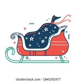 Santa sleigh with gift sack color flat icon. Thin line and fill pictogram. Isolated vector illustration with contour. Editable stroke. Pixel perfect