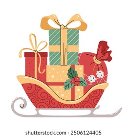 Santa sleigh with gifts composition with realistic images of present boxes on red sled with ornaments vector illustration