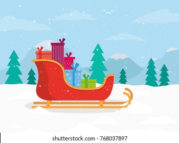 Santa sleigh, gifts icon. Christmas card, with Christmas Gifts