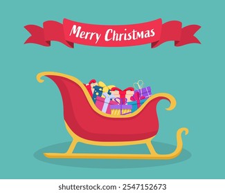 Santa sleigh with gifts inside with shadow and ribbon on a flat design. Vector illustration