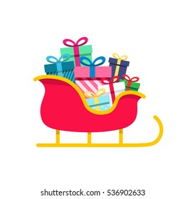 Santa sleigh, gifts isolated on white. Colorful Sled icon and piles of presents. Flat cartoon vector illustration. Sale, shopping concept. Christmas card, design for online shop, web site