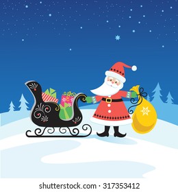 Santa with Sleigh and Gifts on Snow Scene Background