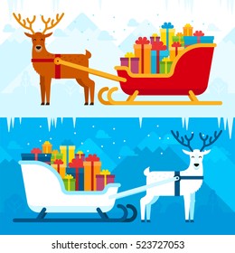 Santa sleigh with gifts and presents with reindeer vector flat illustration. 