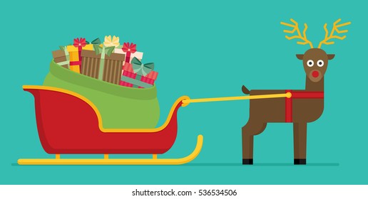 Santa sleigh with gifts and presents with reindeer vector flat illustration