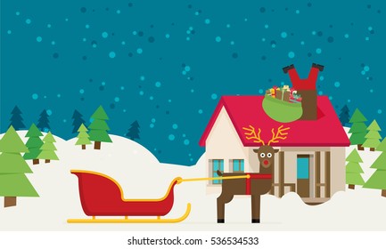Santa sleigh with gifts and presents with reindeer vector flat illustration