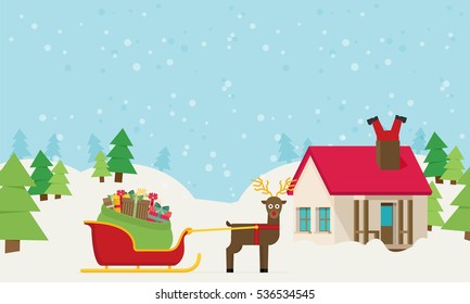 Santa sleigh with gifts and presents with reindeer vector flat illustration