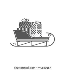 Santa Sleigh icon. Christmas snow sledge with gifts present boxes. Flat monochrome simple minimal style. Design element for winter holiday season new year event. Vector illustration