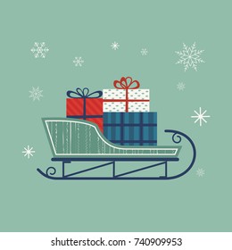 Santa Sleigh icon. Christmas snow sledge with gifts present boxes. Flat simple minimal style in retro colors. Design element for winter holiday season new year event. Vector illustration