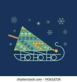 Santa Sleigh icon. Christmas snow sledge with decorated fir tree. Flat stylization minimal style in retro colors. Design element for winter holiday season new year event, greeting. Vector illustration