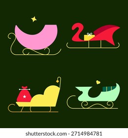 Santa Sleigh Icon Set Vector Illustration – Flat Colorful Minimal Christmas Transport Collection