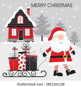 Santa and sleigh illustration for greeting card, gift bag and box design