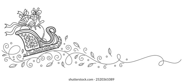 Santa sleigh line art style doodle drawing,line art element, minimalist sketch line vector illustration, christmas winter new year concept