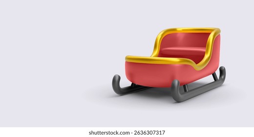 Santa Sleigh In Minimal Red And Gold Style With Black Runners On Soft Background, Perfect For Winter Holiday, Christmas Decor, Or Festive Scenes. Stylish 3D Vector Illustration