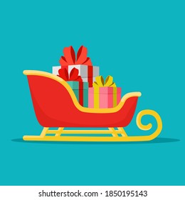 Santa sleigh with piles of presents. Christmas gifts boxes