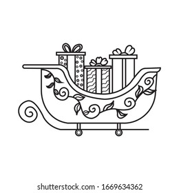 Santa sleigh with piles of presents line icon