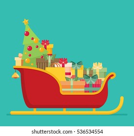 Santa sleigh with piles of presents. Vector illustration