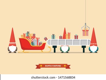 Santa sleigh with piles of presents waiting a gift boxes from robot machine. Vector illustration