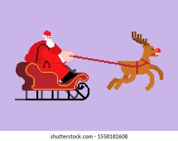 Santa in sleigh pixel art. 8 bit Christmas and New Year Vector Illustration