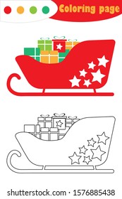 Santa sleigh with presents in cartoon style, christmas coloring page, education paper game for the development of children, kids preschool activity, printable worksheet, vector illustration