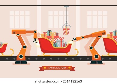 La producción de trineo de Santa produce procesos de fabricación de brazos robóticos que ayudan a la producción de automóviles. fábrica de sants inteligente industrial. Ilustración vectorial