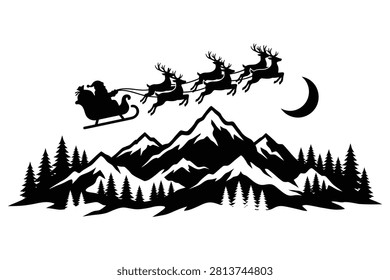 Santa in sleigh pulled by flying reindeer over snowy mountain range
