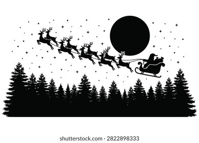 Santa in sleigh pulled by nine reindeer flying over forest under moonlight