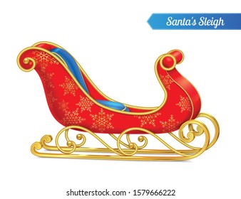 Santa sleigh realistic composition with image of decorated sled isolated on blank background with editable text vector illustration