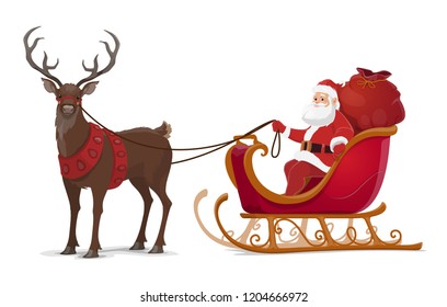 Santa Sleigh With Reindeer And Christmas Gifts. Xmas And New Year Winter Holidays Vector Design Of Cartoon Santa Claus With Red Bag Of Presents In Snow Sledge With Flying Deer And Bells