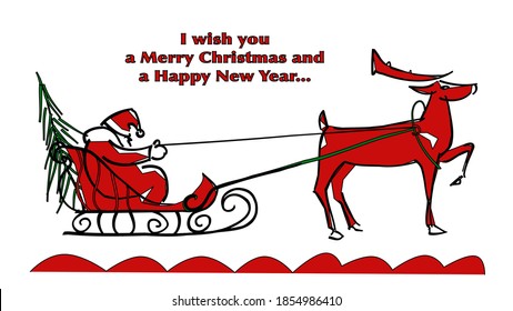Santa in a sleigh with Reindeer and Christmas tree 