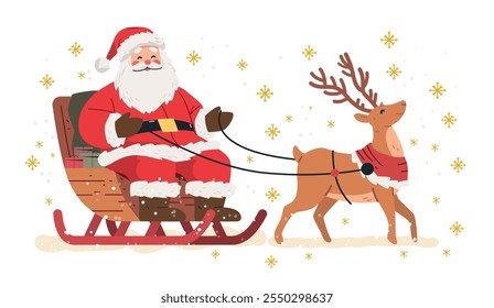 Santa sleigh reindeer festive winter scene cheerful holiday snowflakes gifts red suit Christmas design